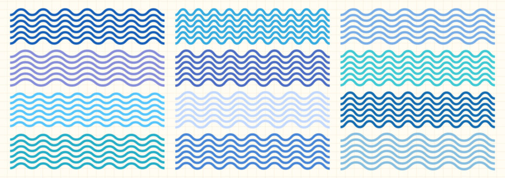 Blue ocean wavy lines borders vector set, Wiggly parallel sea water waves for summer beach designs
