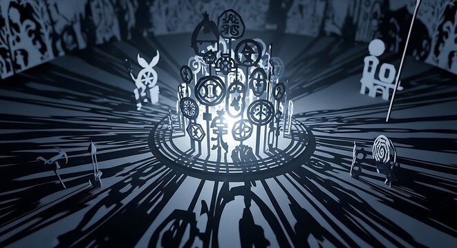 Dark fantasy creatures gathering around circle.
