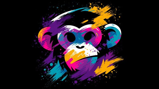 Whimsical, vibrant monkey logo pops with dark colors on a black background. Abstract art for shirts and merchandise.
