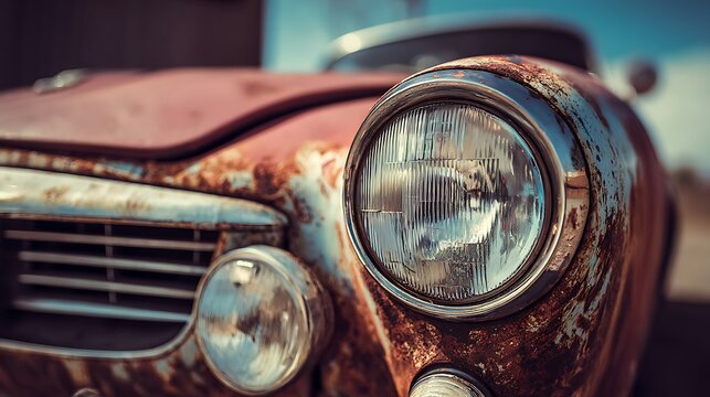 Close-up of a rusty classic car headlight, showing aged metal and details