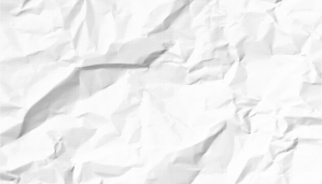 Halftone crumpled paper texture with black a dotted, rough, and wrinkled surface. Wite creased sheet background in comic pop-art style, featuring grainy folds and gritty distressed details.