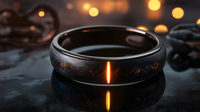Futuristic Smart Ring with Glowing Amber Rune on Dark Reflective Surface, Cinematic Lighting, 3D Render