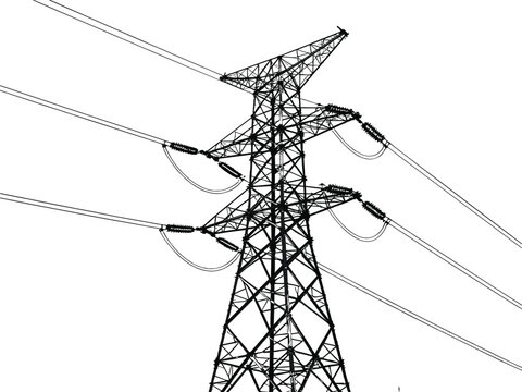 High Voltage Electric Power Transmission Tower Silhouette with Cable Lines for Energy Industry Infrastructure Projects Isolated on White Background for Professional Vector Design Use