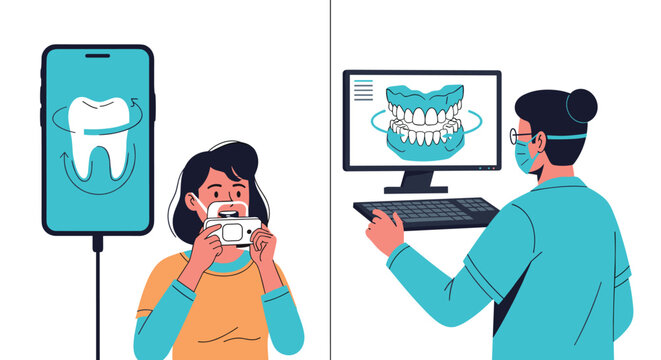 Patient using a mobile app to take dental photos while a dentist reviews a 3D digital tooth model on a remote computer screen.