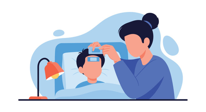 Caring mother applying fever relief cooling patch on sick sons forehead while he lies in bed during recovery from illness at home.