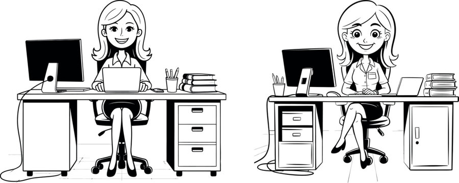 Cartoon women working at desks with computers in an office setting black and white computers employees business technology cubicles characters