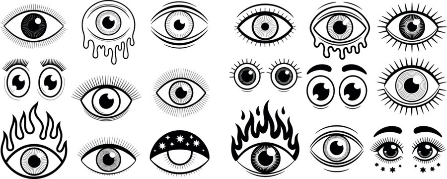 Collection of hand-drawn black and white eyes with various expressions and effects illustration collection creative expression perception
