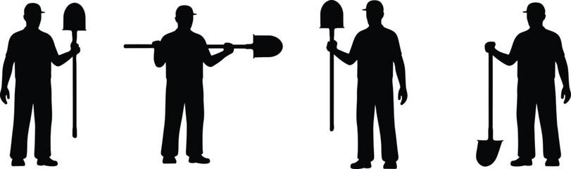 Worker silhouette collection holding shovels in labor construction poses © Milon Store