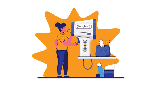 Young woman performing lung function test using digital spirometer or peak flow meter device for respiratory health monitoring.