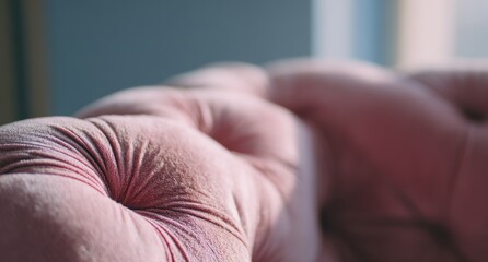 Naklejka premium Close-up of a Luxurious Pink Velvet Tufted Sofa Section.