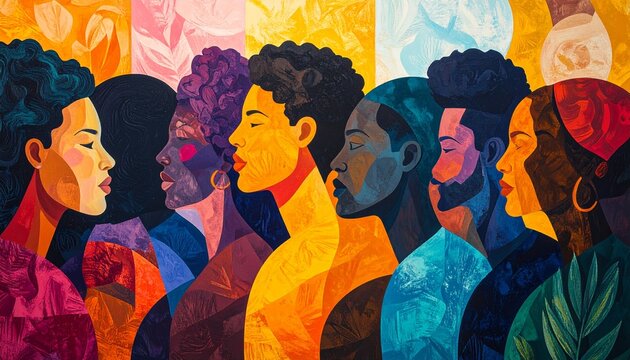 Vibrant depiction of diverse individuals standing together in unity.
