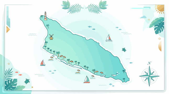 A stylized turquoise map of Aruba with palm trees, sailboats, a lighthouse, and windmills, surrounded by tropical decorative elements.