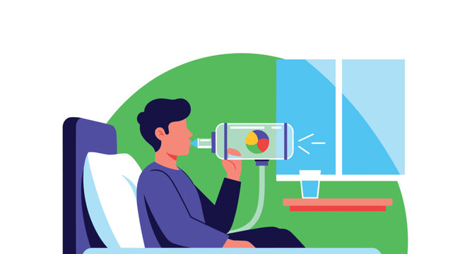 Patient sitting up in bed and using incentive spirometer device to improve lung function during post surgery recovery.