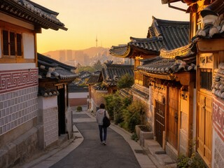 Naklejka premium Hanok village rooftops and stone paths at golden hour with a visitor exploring, warm cultural travel mood.