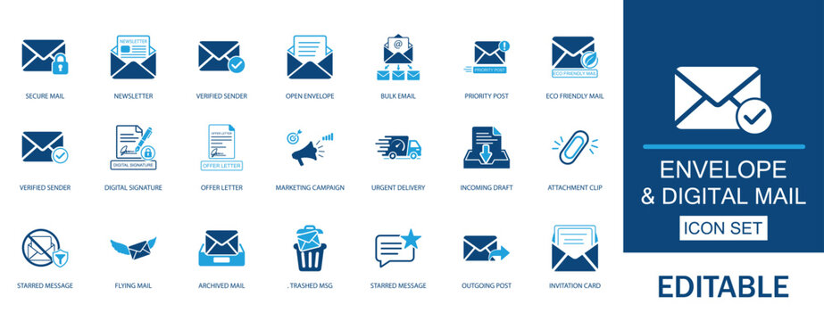 Envelope and digital mail icons set. Features email marketing, secure message, open, newsletter, digital signature, and bulk mail delivery symbols for business communication.