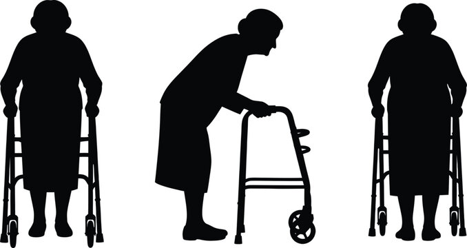 Elderly woman silhouette set with walker support in different walking poses