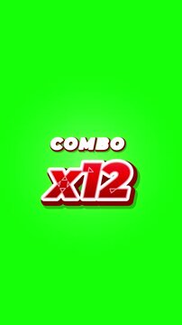 Combo multiplier text x12 with red gradient and white border popping against a green screen for arcade game streaks and high score celebration animations