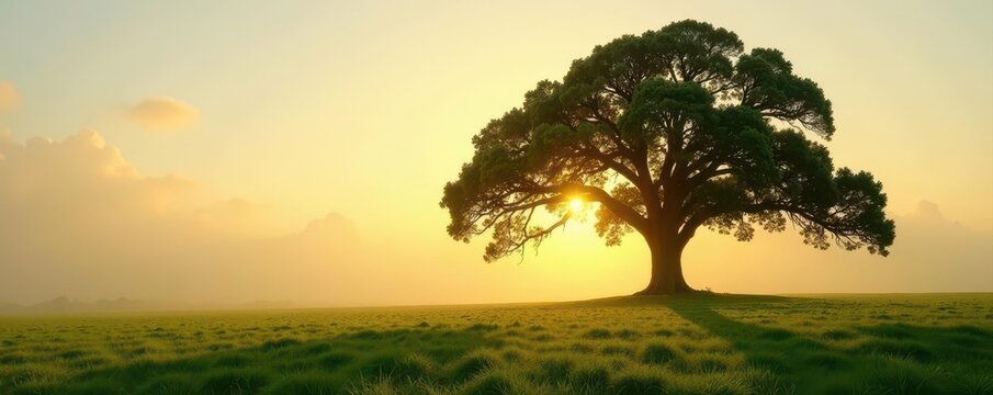 Majestic oak, long shadows on dewy grass, misty dawn, atmospheric, sunrise