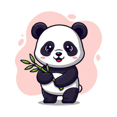 Fototapeta premium Cute vector flat design illustration of a happy panda holding bamboo shoots with a soft pink background