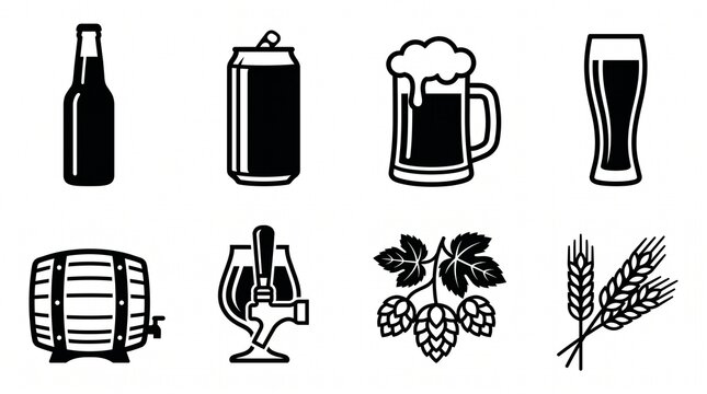 Beer icons set: bottle can mug glass barrel tap hops and wheat with beverage