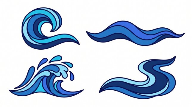 Stylized blue waves and water splash icons with abstract illustration crashing