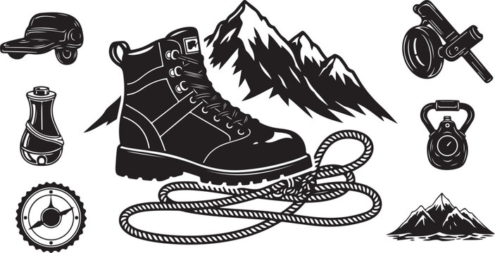 Hiking boot and outdoor gear icons illustration set