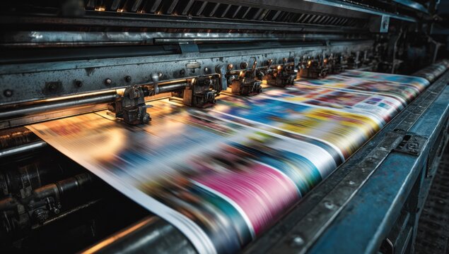 High Speed Printing Press Producing Colorful Magazines in Motion.