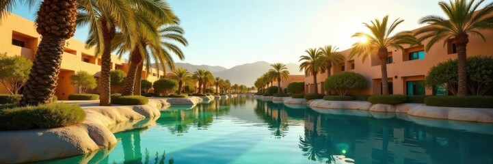 Obraz premium Sun-drenched palms surround a tranquil lagoon in Huacachina's desert oasis , dry, vegetation, water