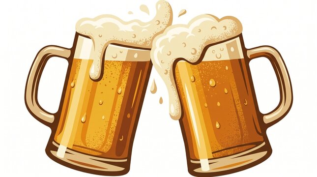 Two mugs of frothy beer clinking together with clinking celebration friendship