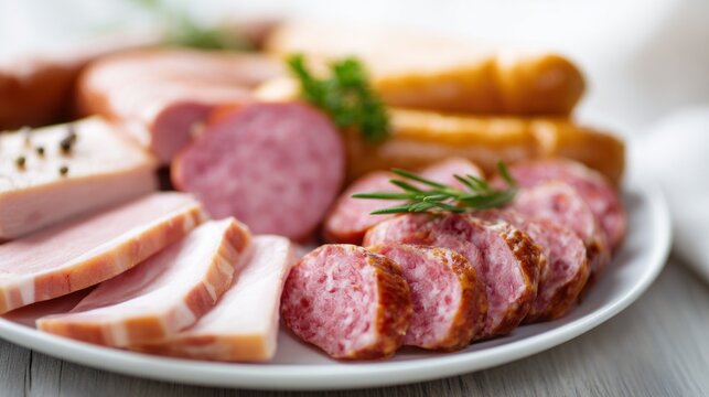 A tantalizing spread of assorted pork cold cuts showcases rich colors and textures, beautifully arranged on a white plate. Fresh herbs add a touch of nature to this delightful feast