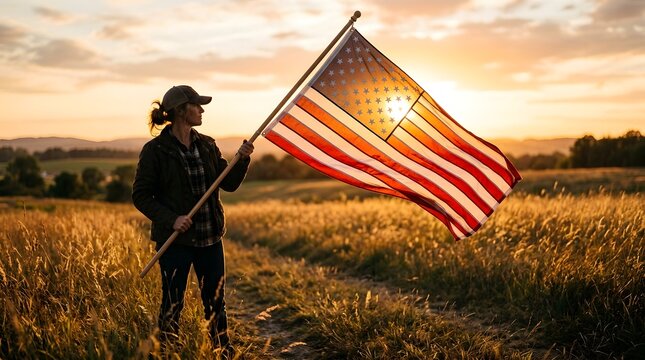 Patriotic woman holding american flag on flag day in a golden field