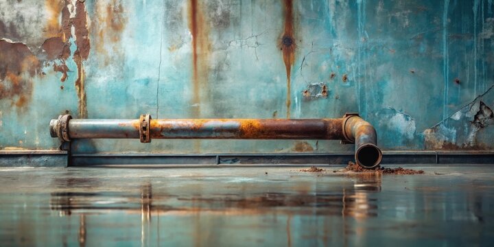 Rusty industrial pipe against a weathered teal wall with water reflection