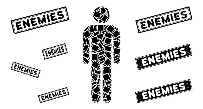 Abstract humanoid mosaic pictogram with rotated rectangle elements and blue distressed Enemies stamp vector