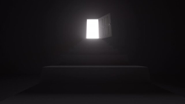 Staircase ascending to a door that opens to intense light, with camera moving through, symbolizing progress, hope, and new opportunities. 3D render animation