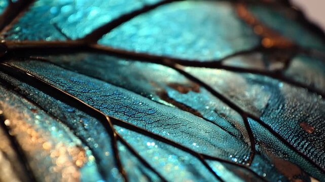 4K Ultra HD Macro photography of a vibrant blue morpho butterfly wing showing intricate vein patterns and iridescent scales with soft bokeh lighting video