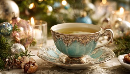 Fototapeta premium Cozy Christmas Tea Time with Festive Decorations and Warm Lights.