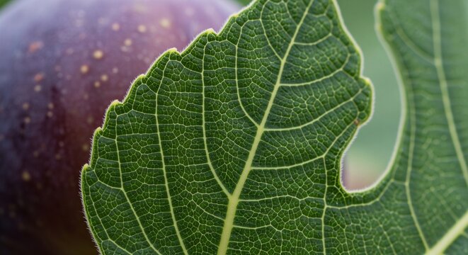 Green fig leaf close up with blurry purple fruit