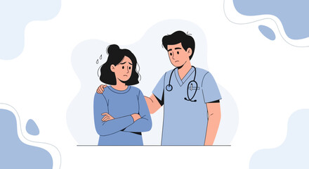 Fototapeta premium Doctor comforting distressed patient with hand on shoulder, modern illustration