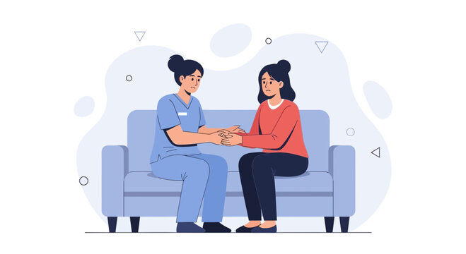 Caregiver holding patient's hands on sofa, offering comfort and empathy