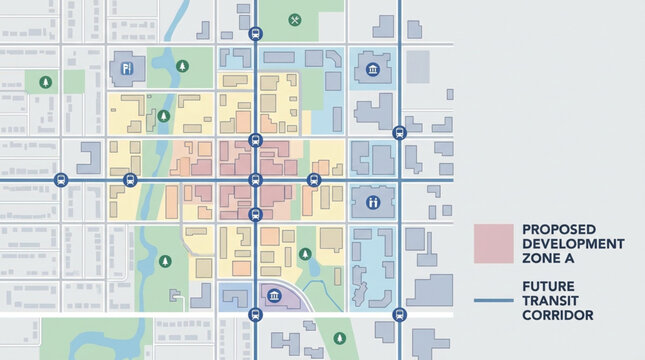 Urban planning map showing development zones and transit corridors.