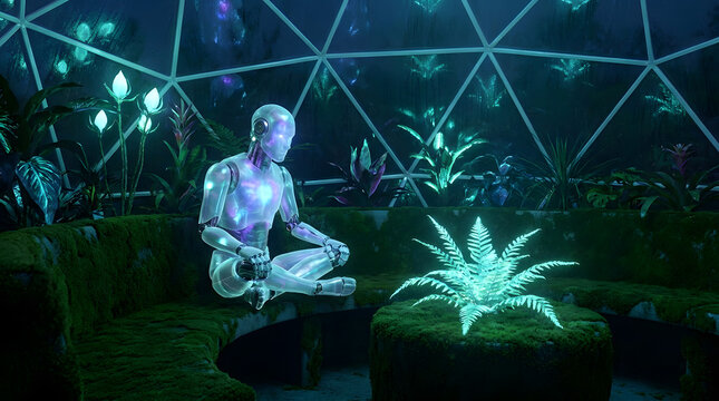 Serene android meditating amidst bioluminescent flora in a futuristic biodome