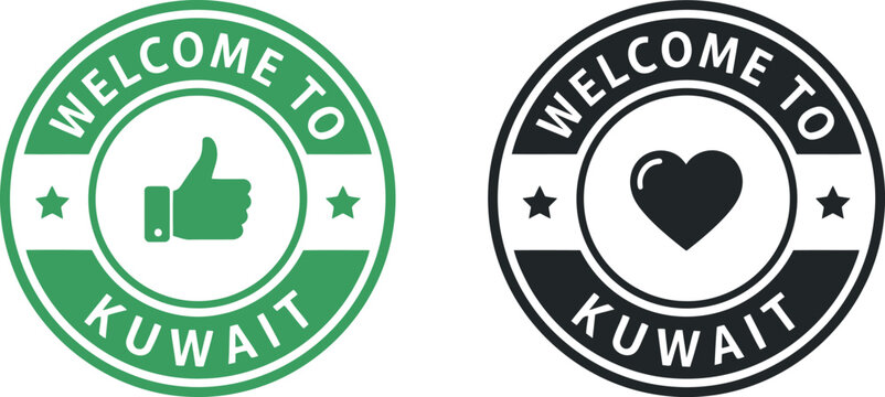 Welcome to Kuwait badge icons with thumbs up and heart symbols in green and black vector design