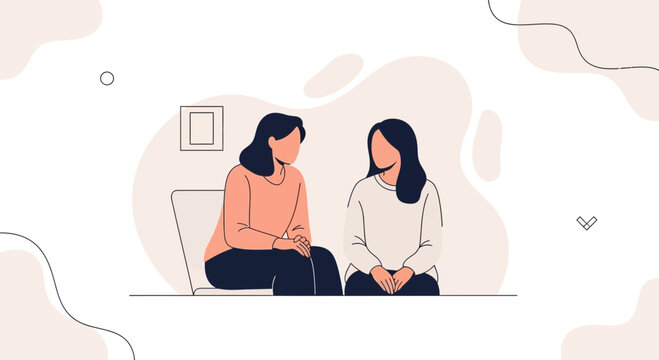 Two women talking, sharing secrets, conversation, support, friendship, illustration