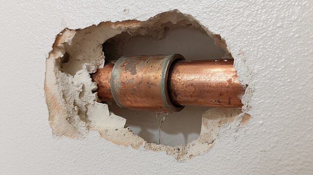 Copper pipe exposed through drywall with surrounding plaster damage suggesting hidden moisture and mold risk.