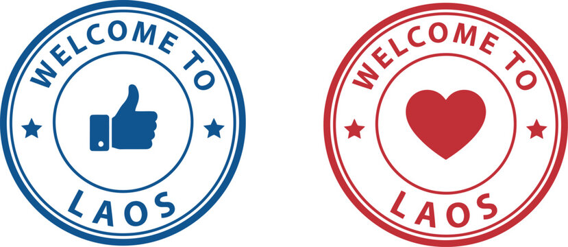 Welcome to Laos stamp icons with thumbs up and heart symbols in blue and red vector design