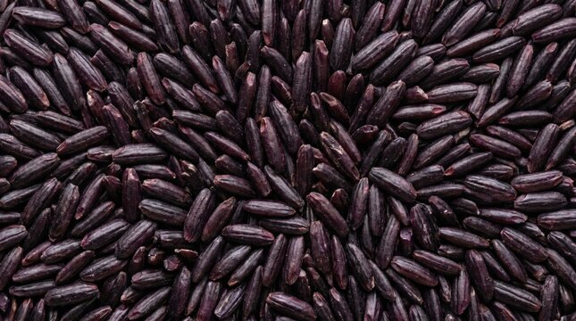 Detailed macro shot of uncooked black rice grains arranged in a radiating pattern against a dark background highlighting their glossy texture and deep violet hue