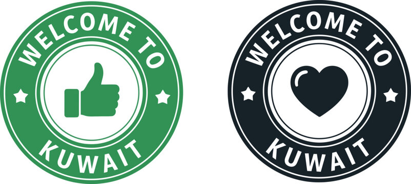 Welcome to Kuwait badge icons with thumbs up and heart symbols, vector stamp design