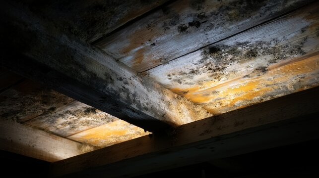 Attic remediation mold on wooden joist and underside of roof sheathing showing water stains, fungal growth, and decay indicating moisture intrusion and mold contamination.