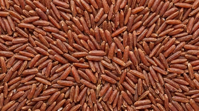 Close-up macro view of a dense pile of uncooked red rice grains arranged in a circular pattern showcasing their elongated shape and rich reddish-brown hue