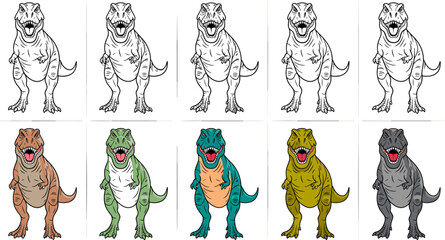 Colorful T-Rex Dinosaur Vector Character Set With Multiple Color Variations Isolated On Gray Background For Design © MDShakhawat